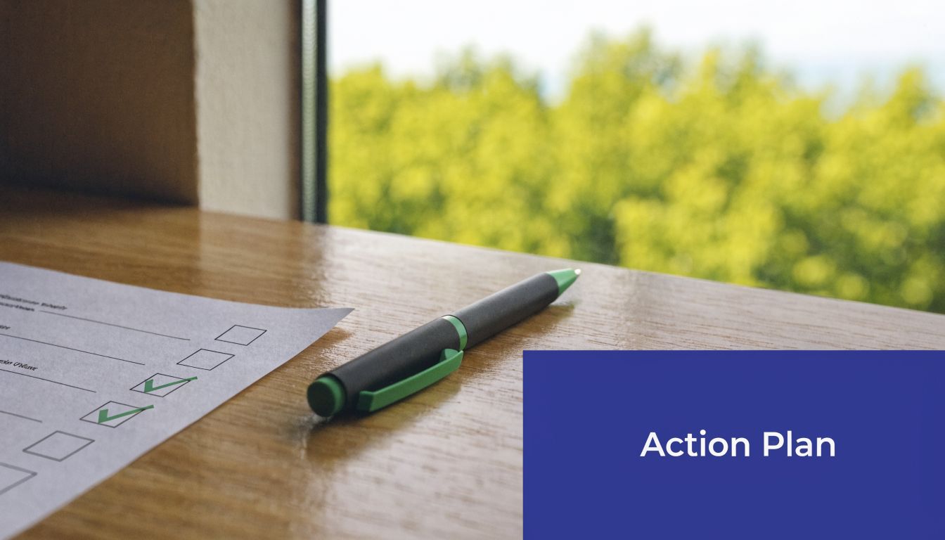A checklist with green checkmarks sits on a desk next to a pen near a window.