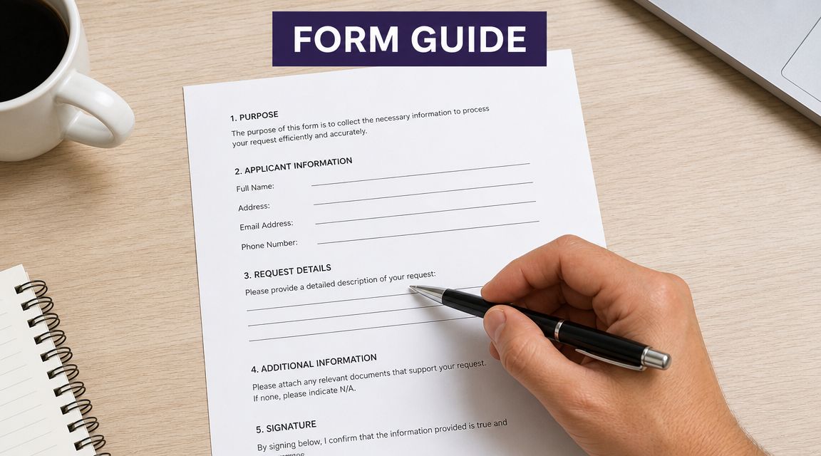A person writing with a pen on a document titled Form Guide on a desk.