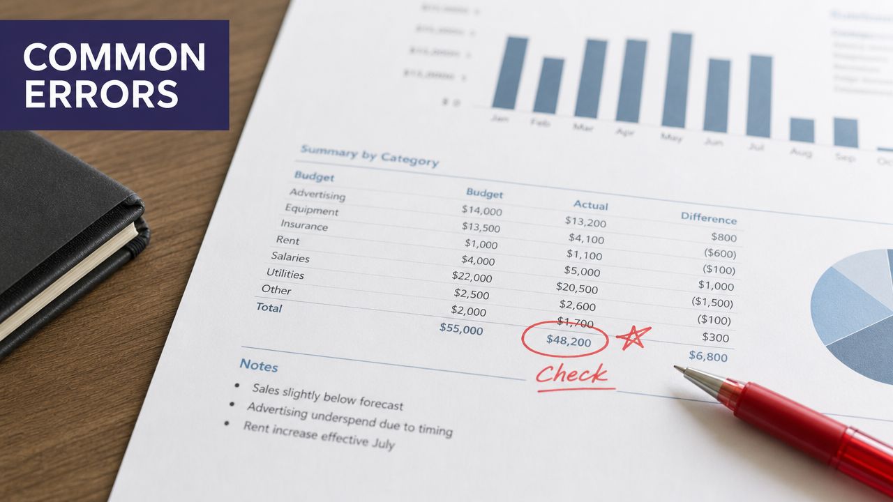 A close-up of a business budget report with a pen and a hand-drawn check mark.