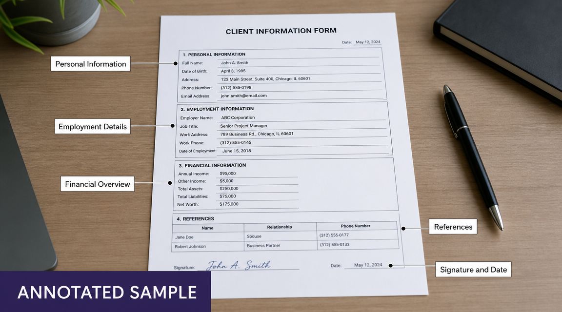 A client information form on a wooden desk with a pen, showing completed personal, employment, and financial details.