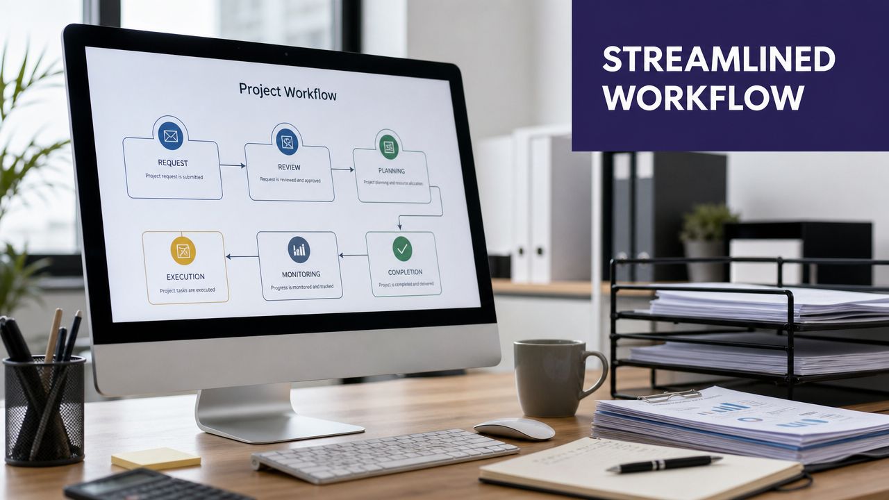 A computer monitor displaying a project workflow diagram on a desk in a modern office environment.