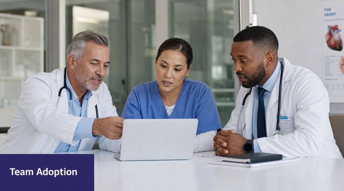 A diverse group of healthcare professionals collaborating while reviewing information on a laptop in an office.