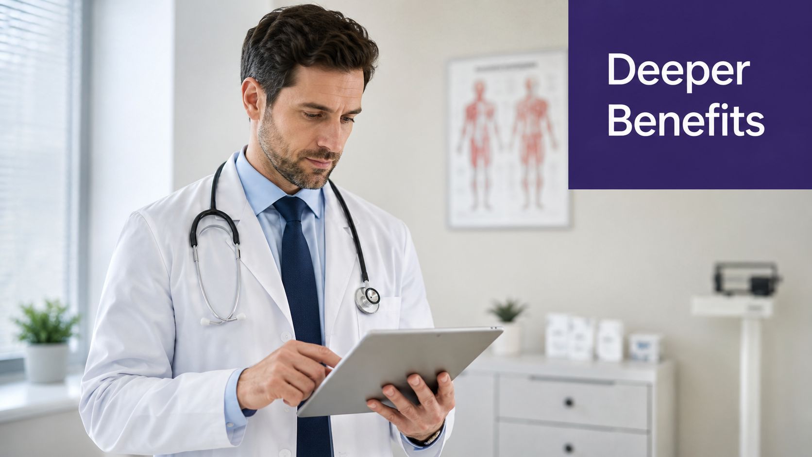 A professional doctor wearing a lab coat and stethoscope using a digital tablet in his office.