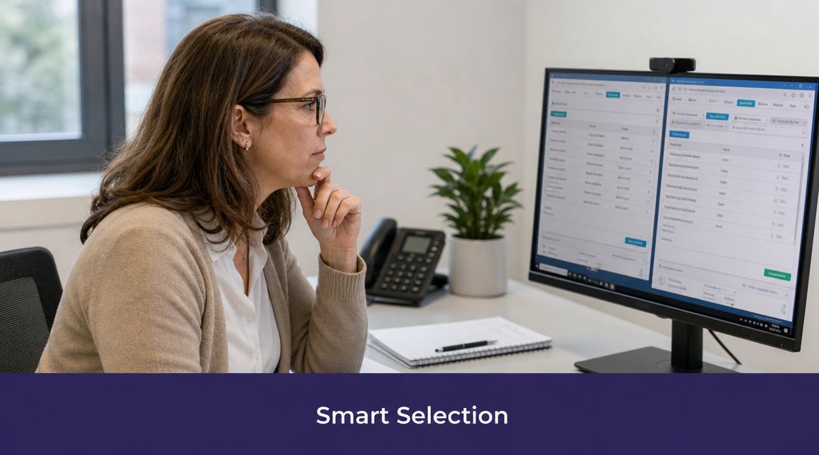 A professional woman in an office setting reviewing medical dictation software on a computer screen.