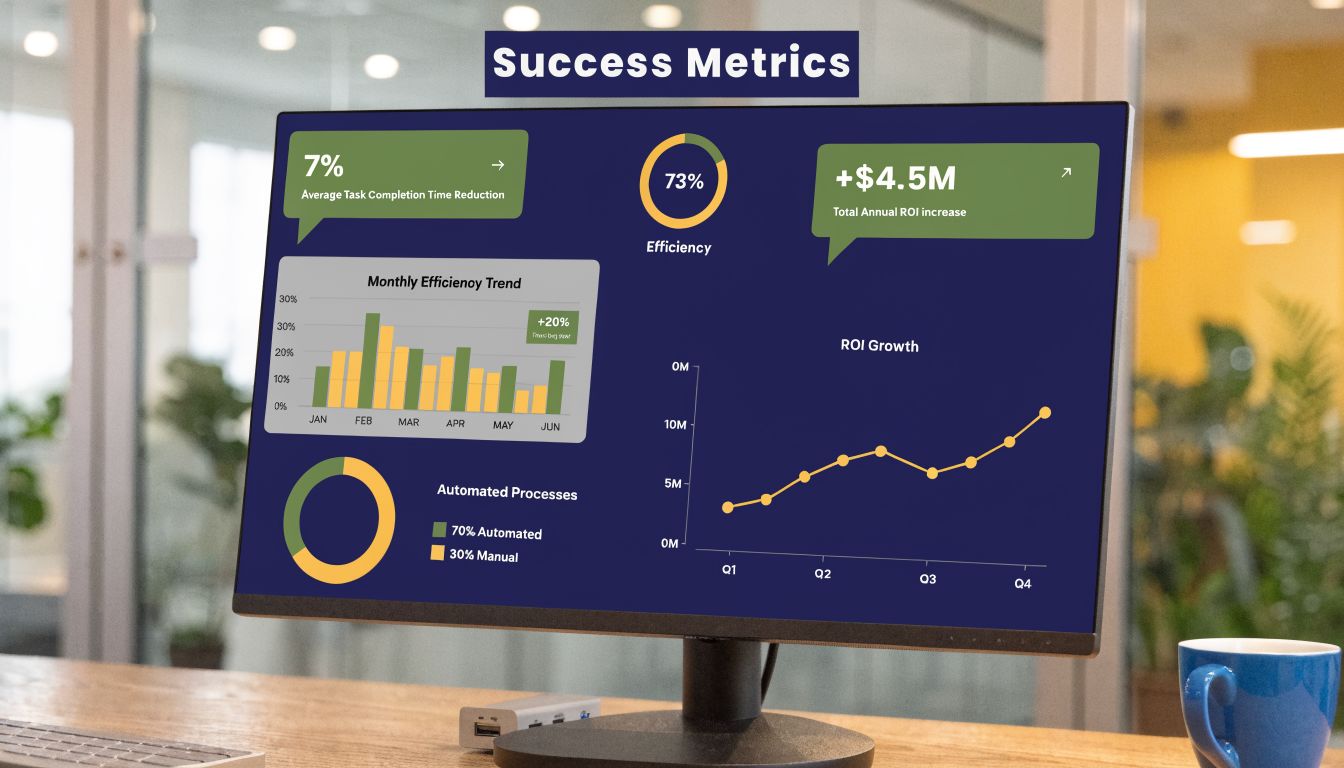 A computer screen displaying a business dashboard showing success metrics like ROI growth and automated process data.
