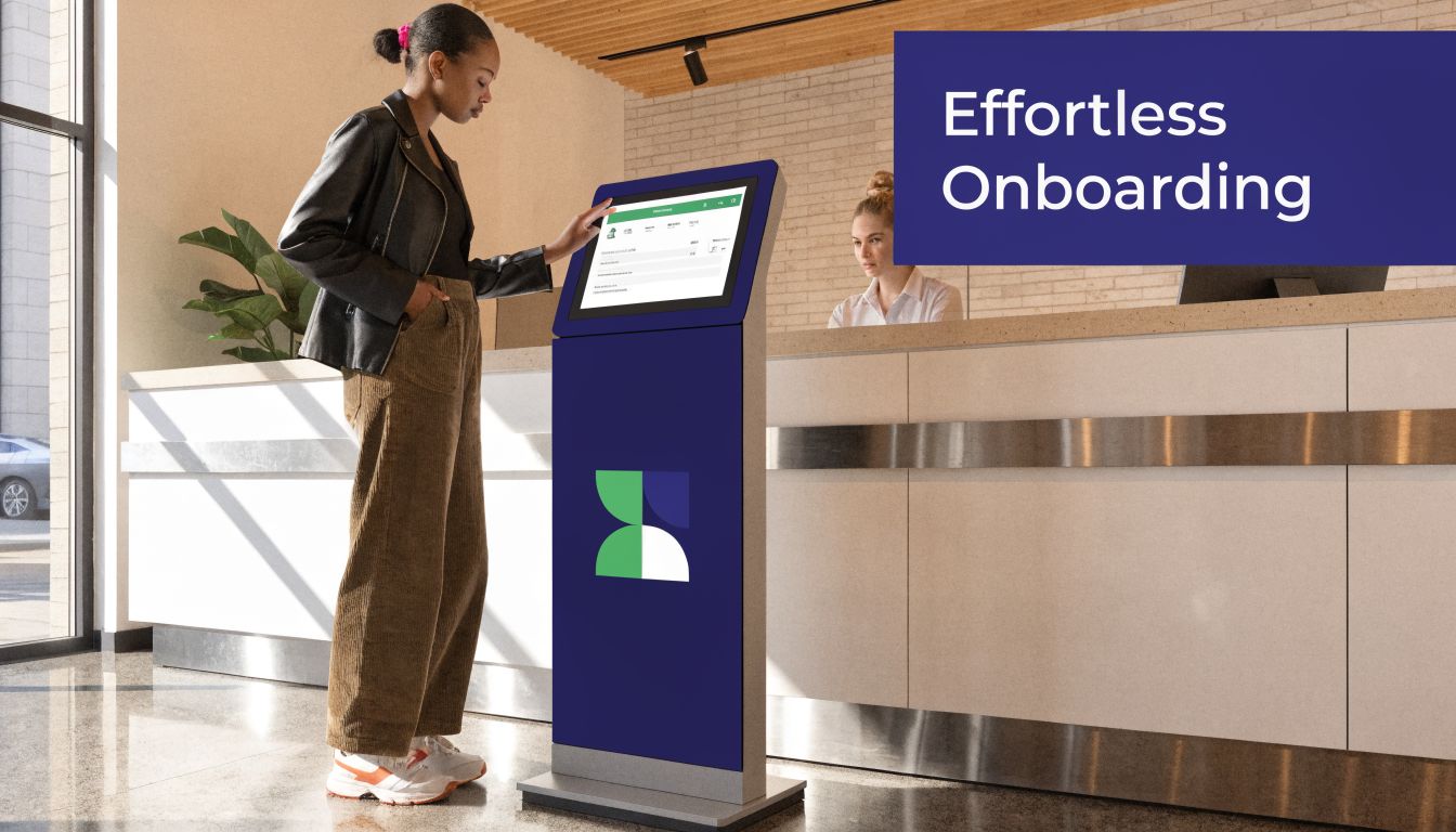 A woman uses a digital kiosk for patient registration while a receptionist works in the background.