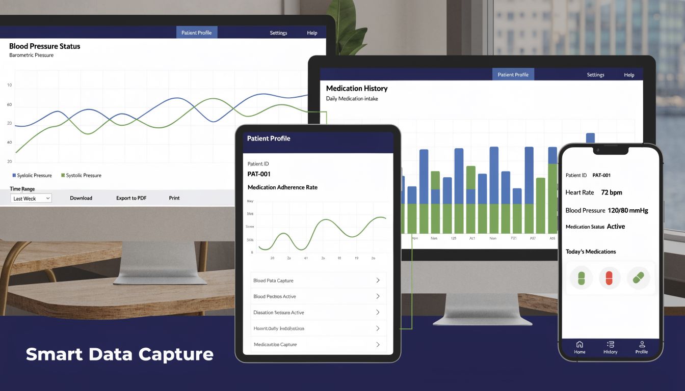 A digital interface showcasing multiple screens with patient profiles, blood pressure charts, and medication monitoring dashboards for hospitals.