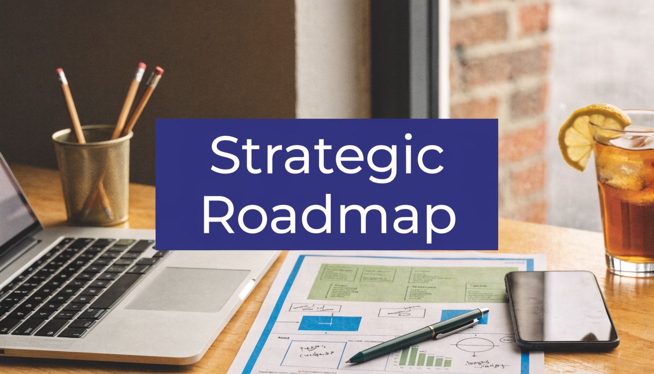 A professional desk setup with a laptop, smartphone, pen, and a strategic roadmap business planning document.