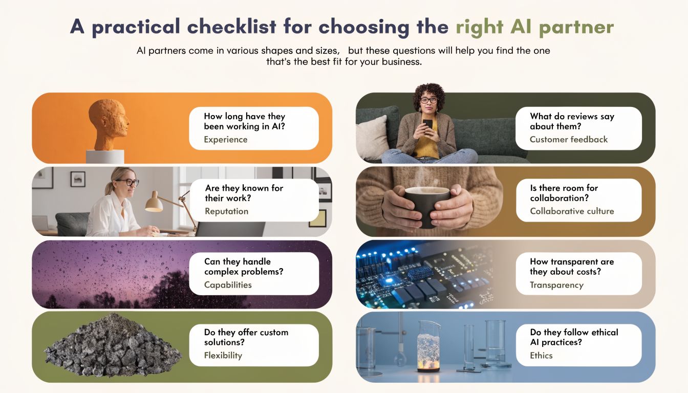 A checklist for businesses to follow when selecting the right AI partner, featuring eight key evaluation criteria.