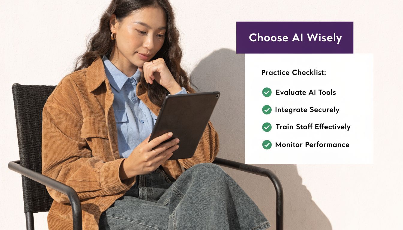 A young woman sits in a chair using a tablet, alongside a checklist for choosing AI tools.