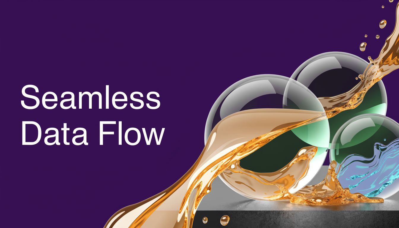 A conceptual graphic illustrating seamless data flow with liquid gold fluid wrapping around transparent glass spheres.