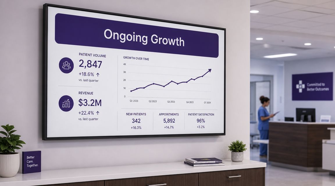 A digital screen in a medical facility displaying hospital performance metrics including patient volume and growth statistics.