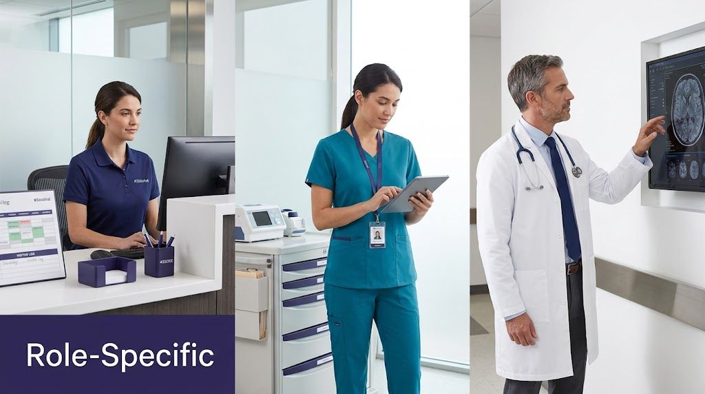 Medical staff in a modern clinic environment demonstrating role-specific EHR software training workflows.