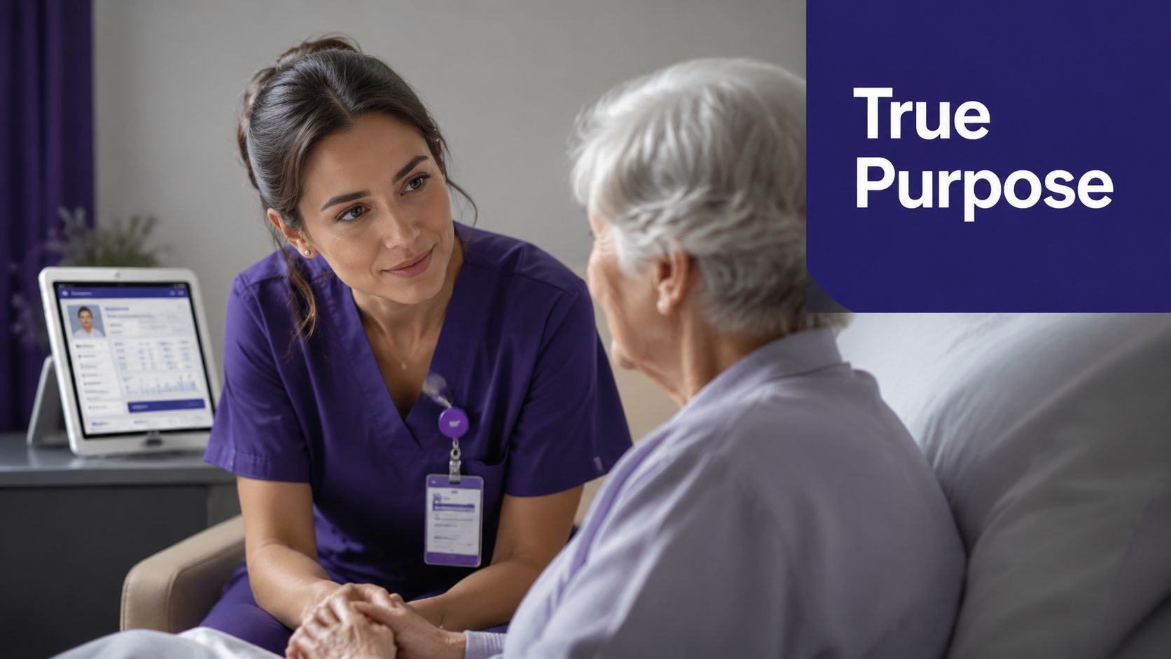 A compassionate nurse holding hands with an elderly patient while providing personalized care and professional support.