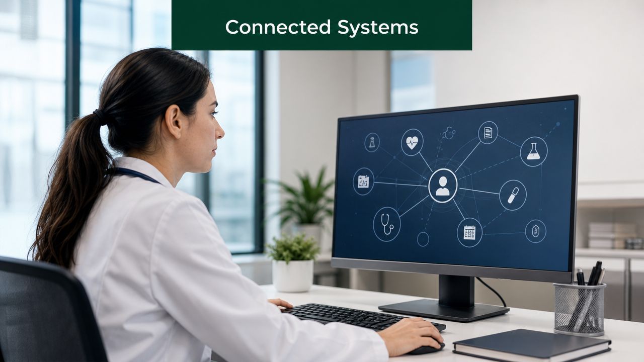 A female doctor in a white coat viewing a healthcare connected systems diagram on a computer monitor.