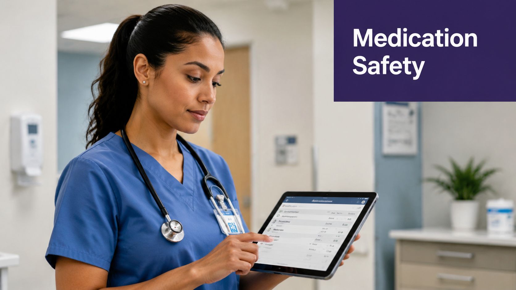 A female nurse in blue scrubs using a digital tablet to review electronic medication administration record software.