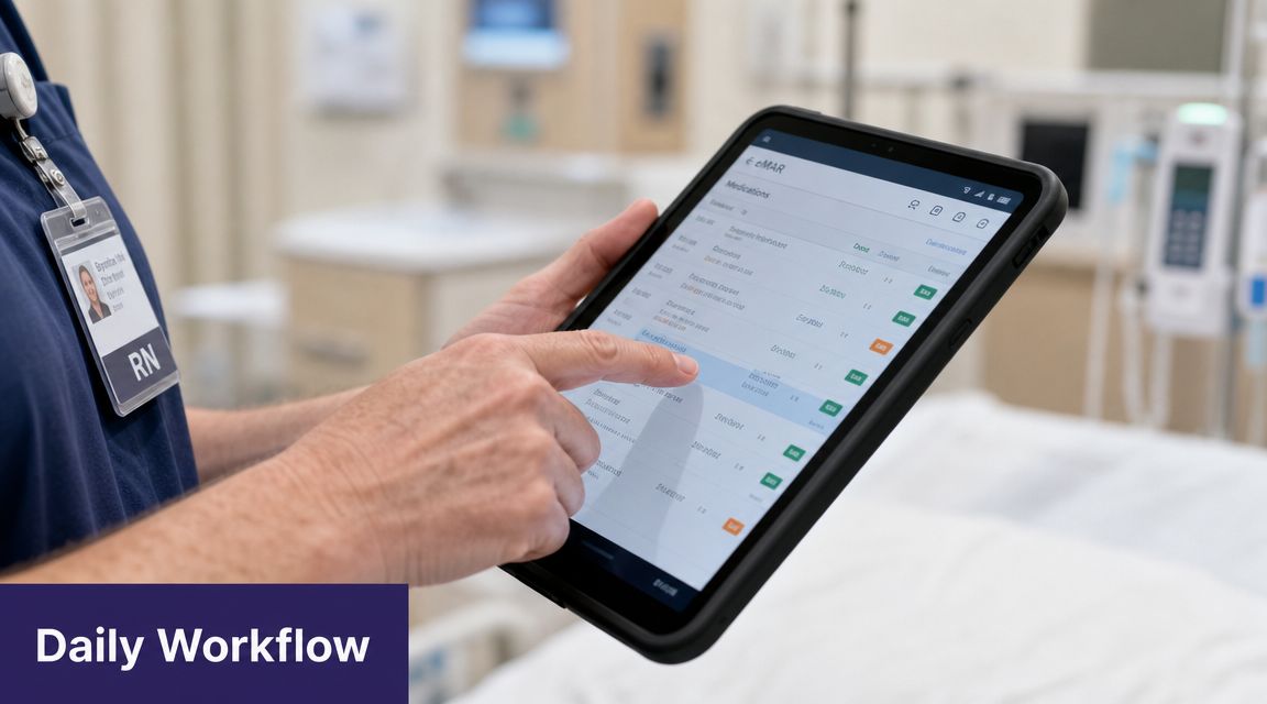 A nurse using an electronic medication administration record software application on a tablet in a clinical setting.