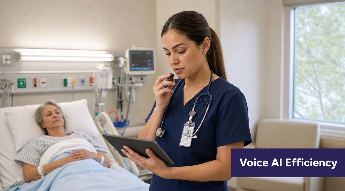 A healthcare professional using voice AI software on a tablet while attending to a patient in hospital.