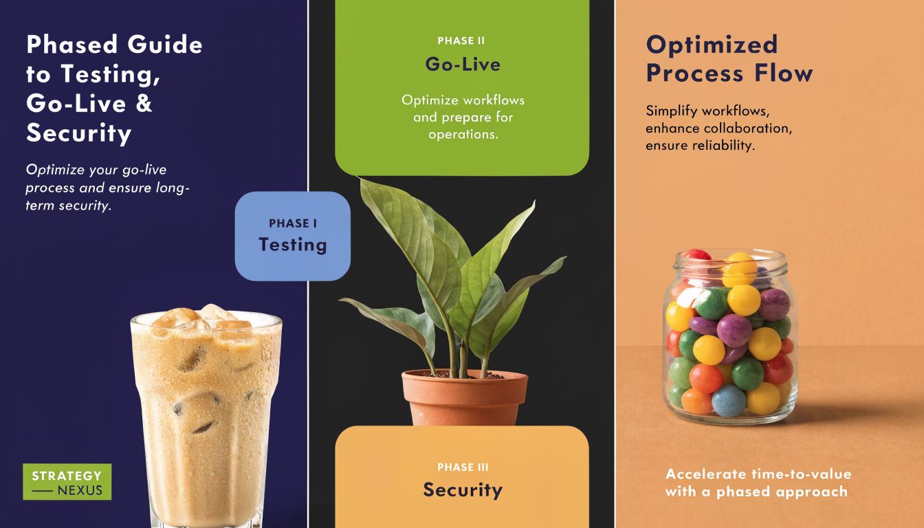 A phased guide infographic detailing testing, go-live, and security phases for business process optimization.