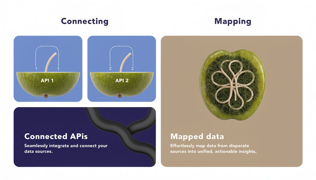A graphic illustration comparing data connecting APIs with mapping data to create unified, actionable business insights.