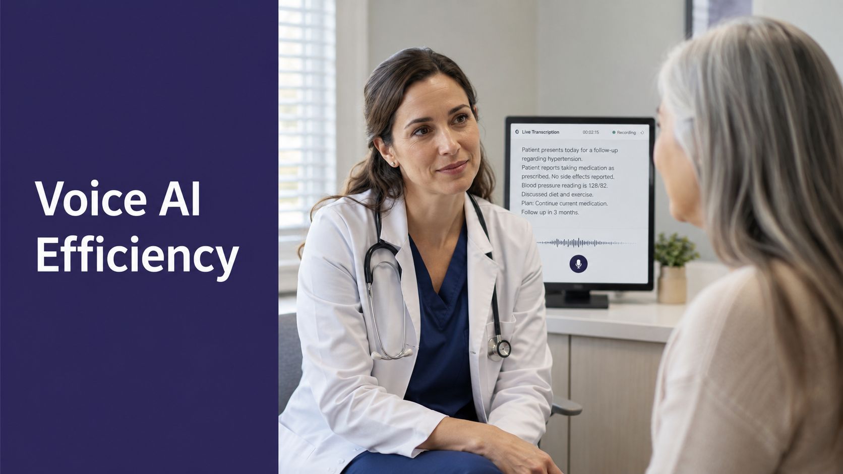A female doctor with a stethoscope sits with a patient during a medical consultation using AI transcription.
