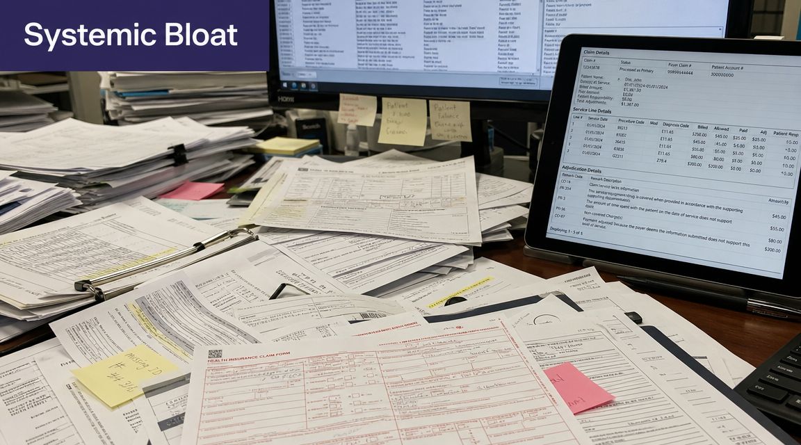 A cluttered office desk covered with piles of paper medical insurance claims and a digital screen display.