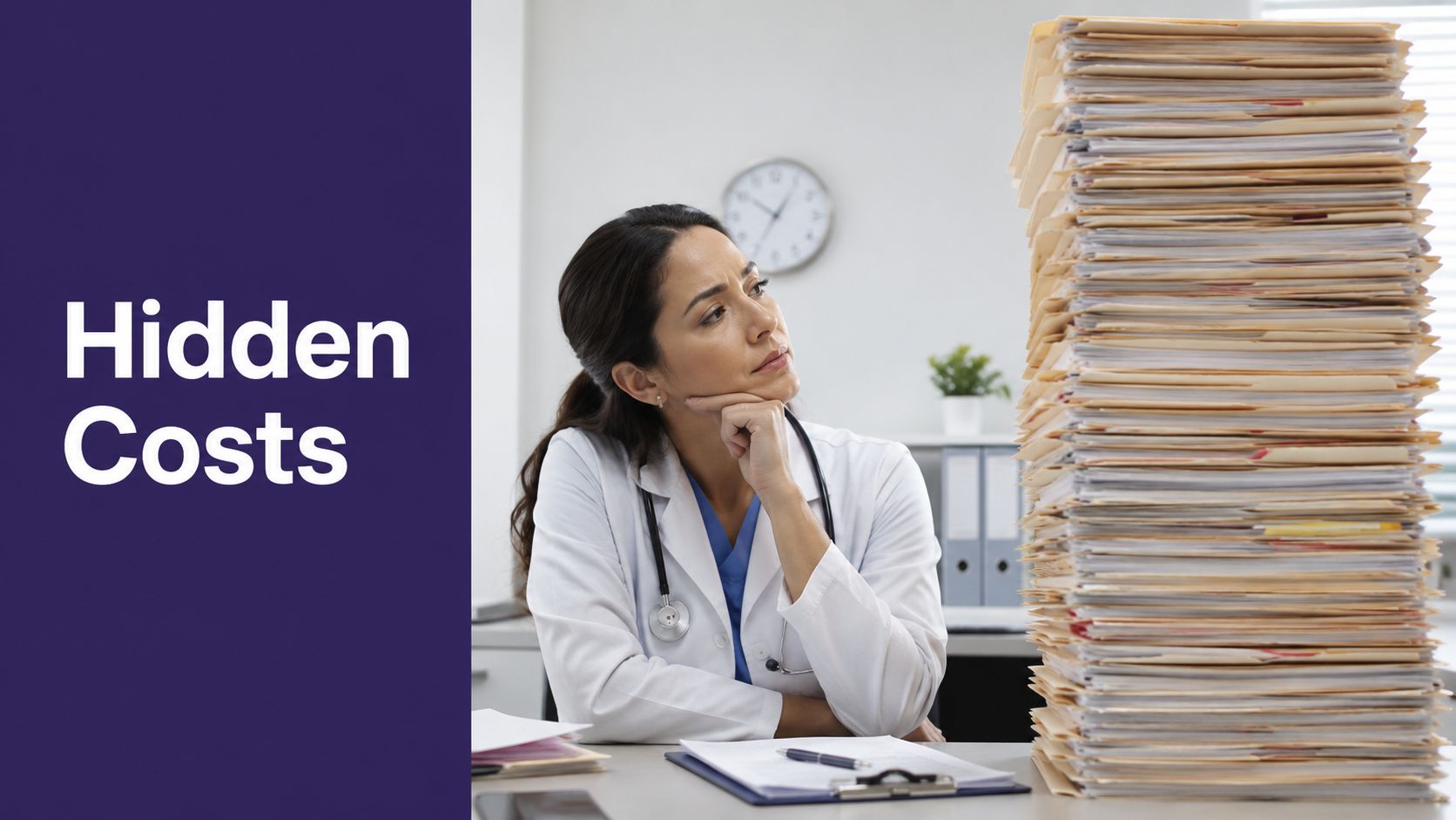 A pensive doctor looking at a massive, towering stack of patient medical files in an office setting.