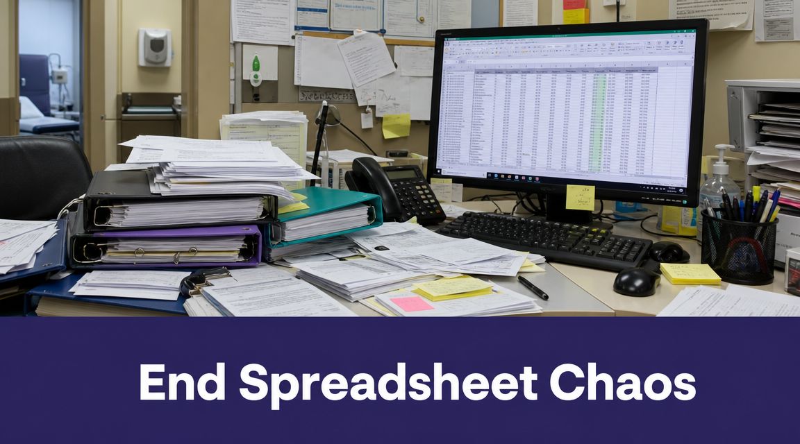 A cluttered office desk filled with stacks of paperwork, a computer monitor, and disorganized medical records.