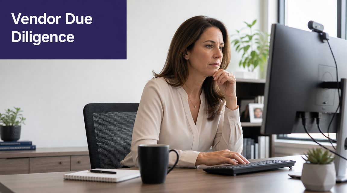 A professional woman working on vendor due diligence tasks at her desk in an office.