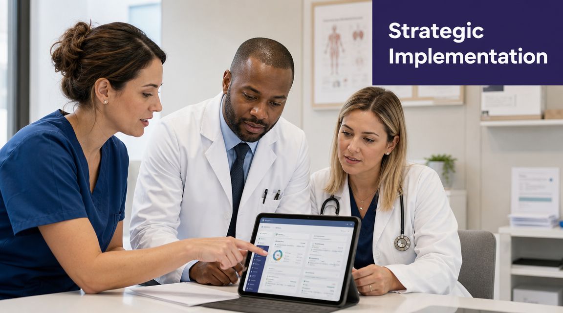 A diverse team of medical professionals reviewing healthcare compliance software on a tablet in an office.
