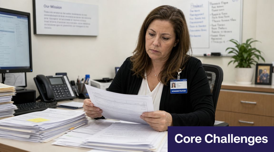 A female healthcare administrator in an office environment reviews stacks of paperwork at her desk.