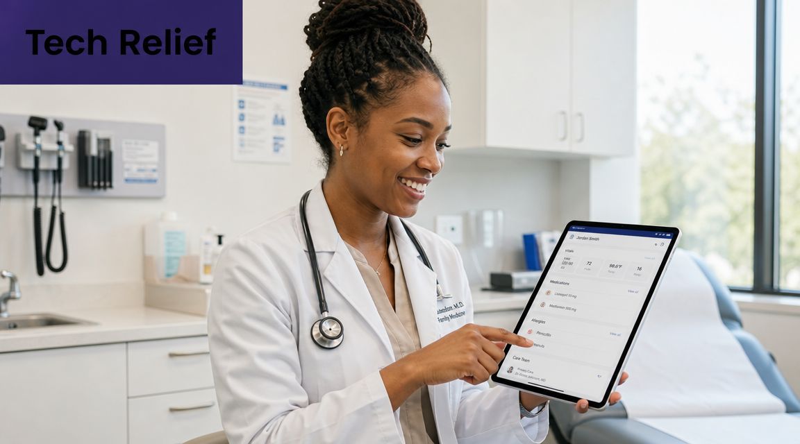 A female doctor in a lab coat smiling while showing patient health data on a digital tablet.