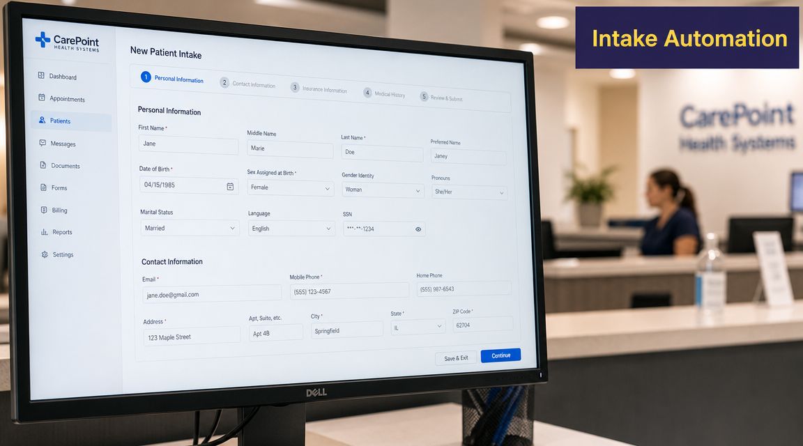 A digital computer screen displaying an automated new patient intake form in a medical office environment.