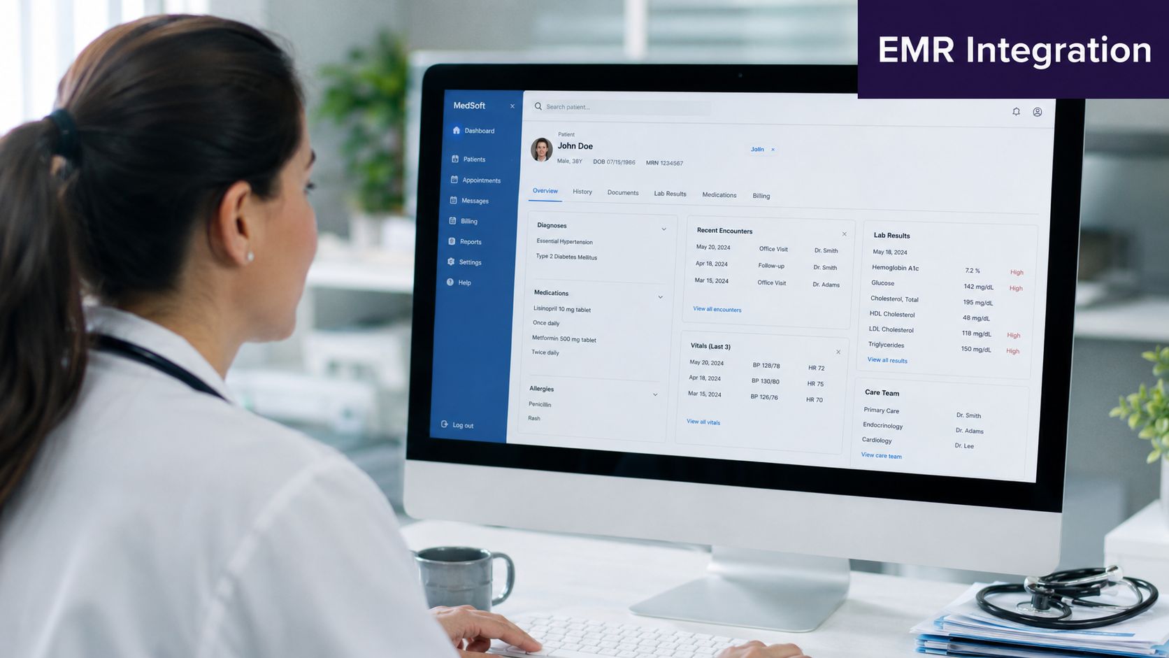 A healthcare professional reviewing patient health data and electronic medical records on a computer screen in an office.