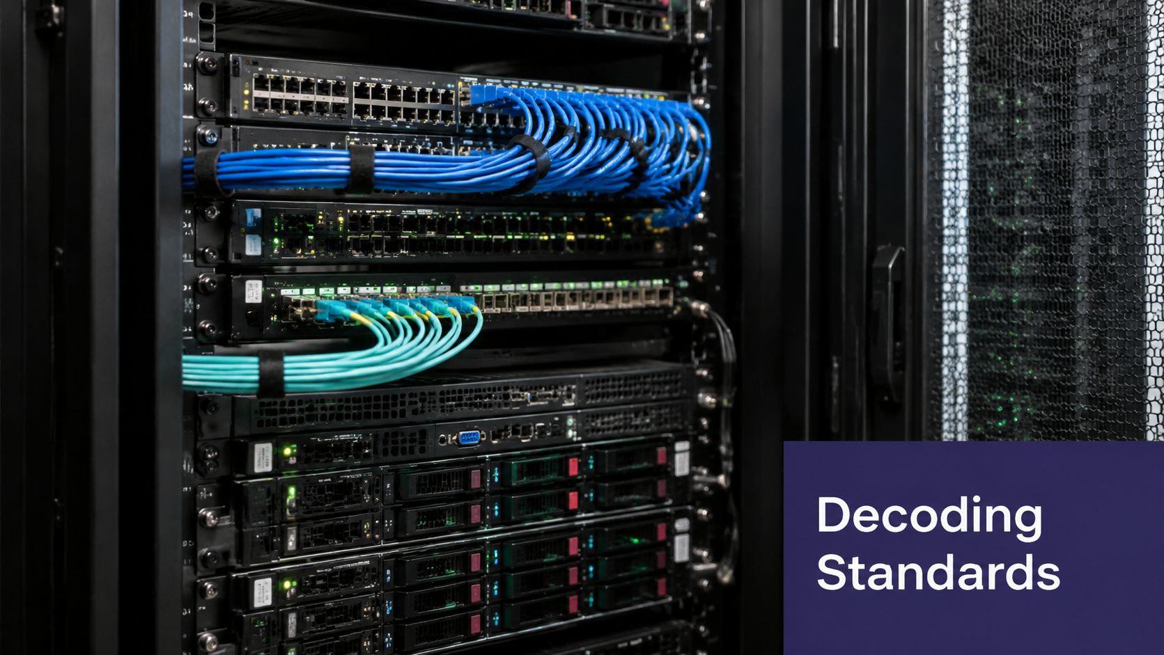 A close-up view of a network server rack with blue and green cables connected to hardware.