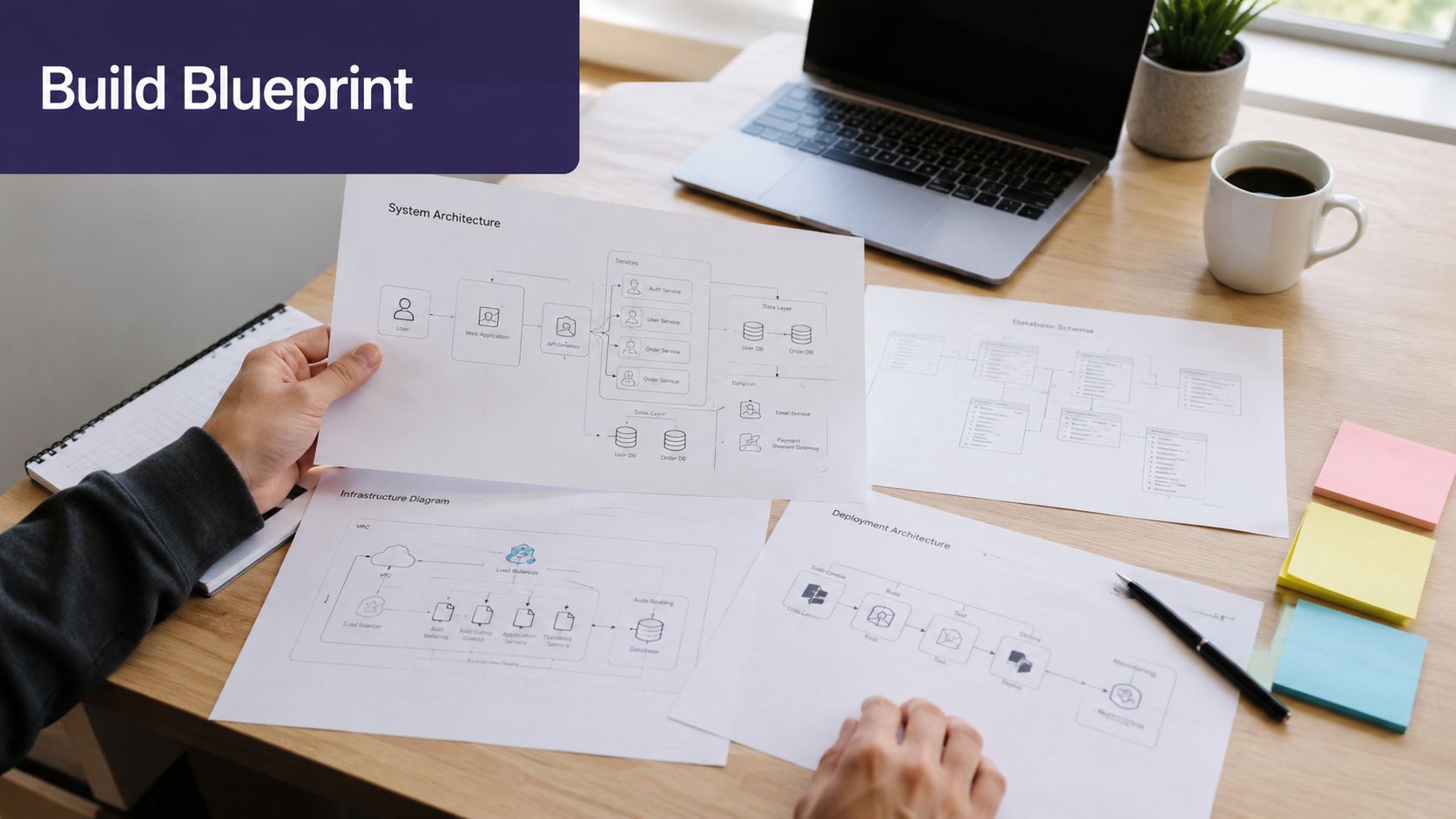 A person reviewing detailed technical architectural diagrams and planning documents on a professional wooden office desk.