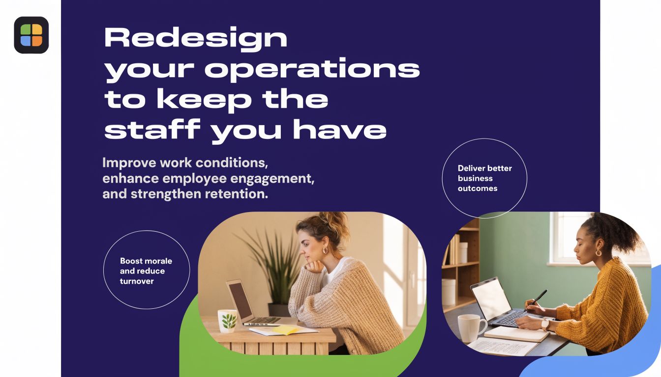 A professional graphic about redesigning operations to improve employee retention and boost business morale and outcomes.