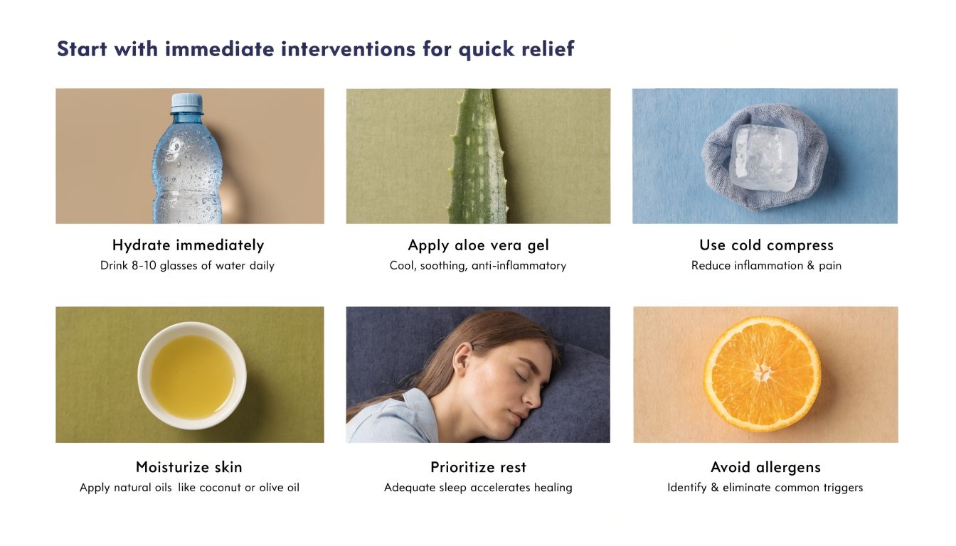 A visual guide showing six natural ways to treat skin inflammation, including hydration, aloe, and rest.