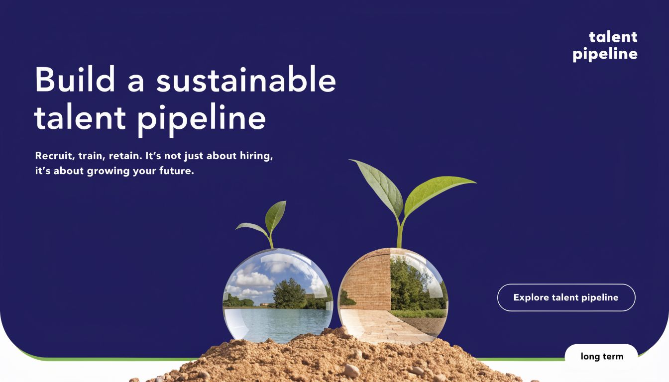 A digital graphic showing two small plants growing from glass spheres in soil, promoting sustainable talent development.