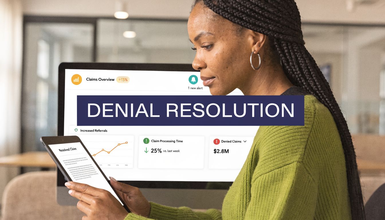 A professional woman viewing data on a computer screen and a tablet about healthcare denial resolution.