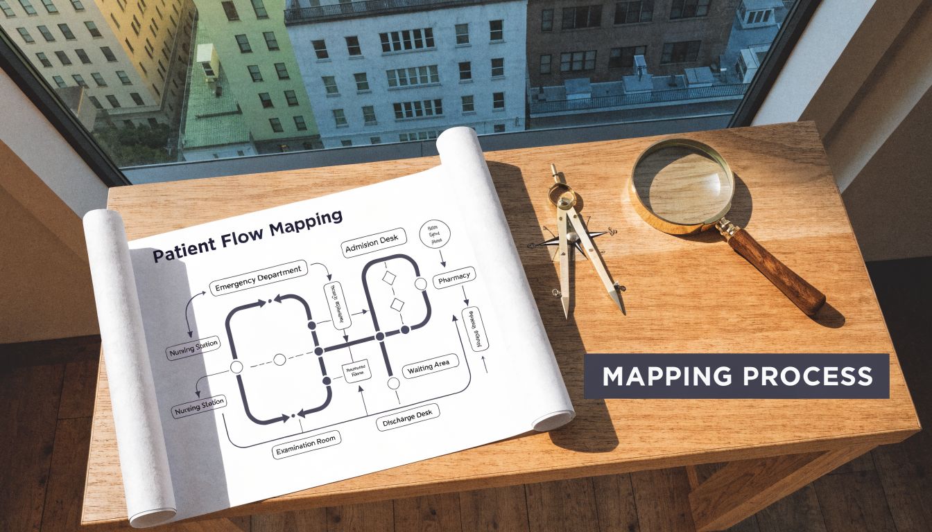 A printed patient flow chart on a desk next to a magnifying glass and drafting compass.