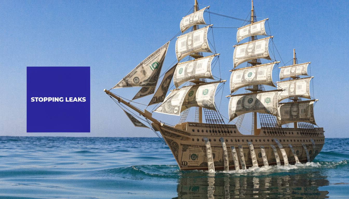 A majestic ship made entirely of US dollar bills sailing on a calm blue sea representing financial revenue.