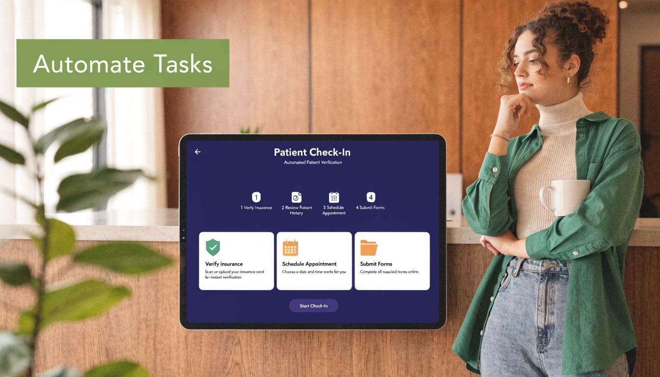 A woman looks at a tablet displaying a patient check-in app designed for medical office task automation.