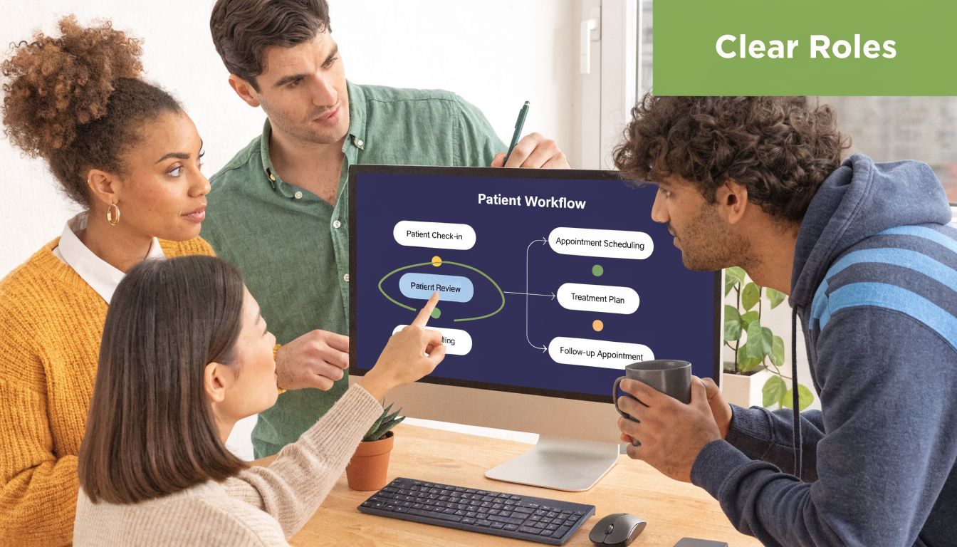 A diverse group of professionals collaborating on a patient workflow strategy in a modern office.
