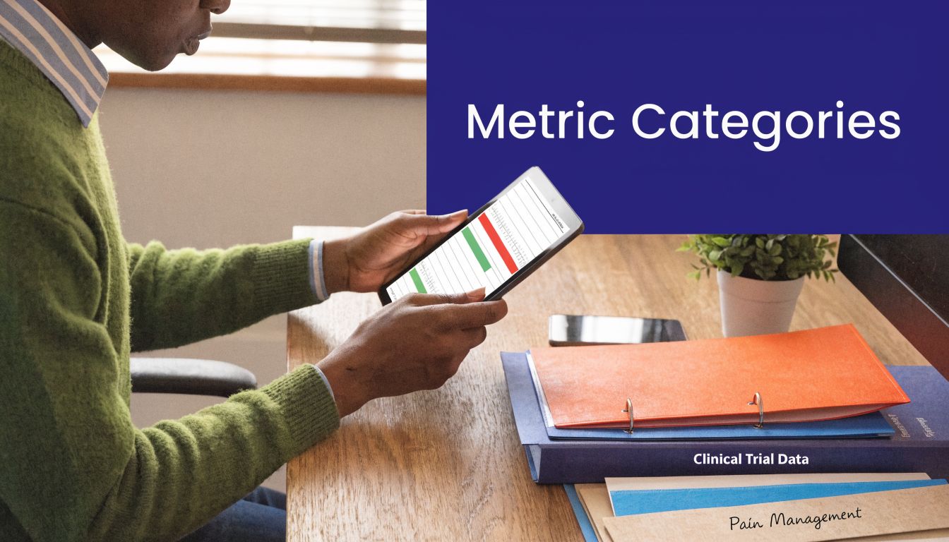 A person reviewing medical practice metrics on a tablet with clinical trial and pain management folders nearby.