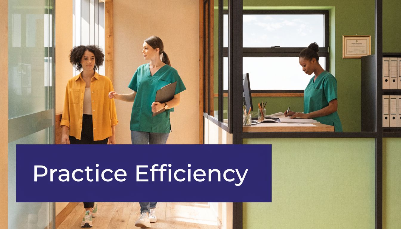 Two healthcare professionals walking down a hallway as another staff member works at a desk nearby.