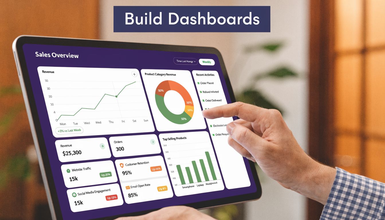 A person interacting with a digital tablet displaying sales metrics and business data analytics dashboards.