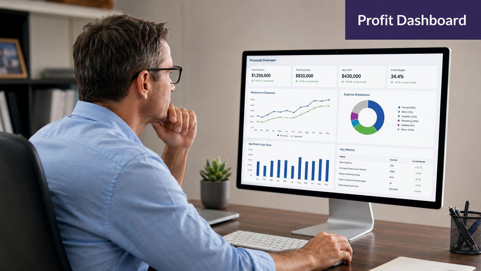 A professional man reviewing a comprehensive financial profit dashboard on his computer monitor in an office setting.