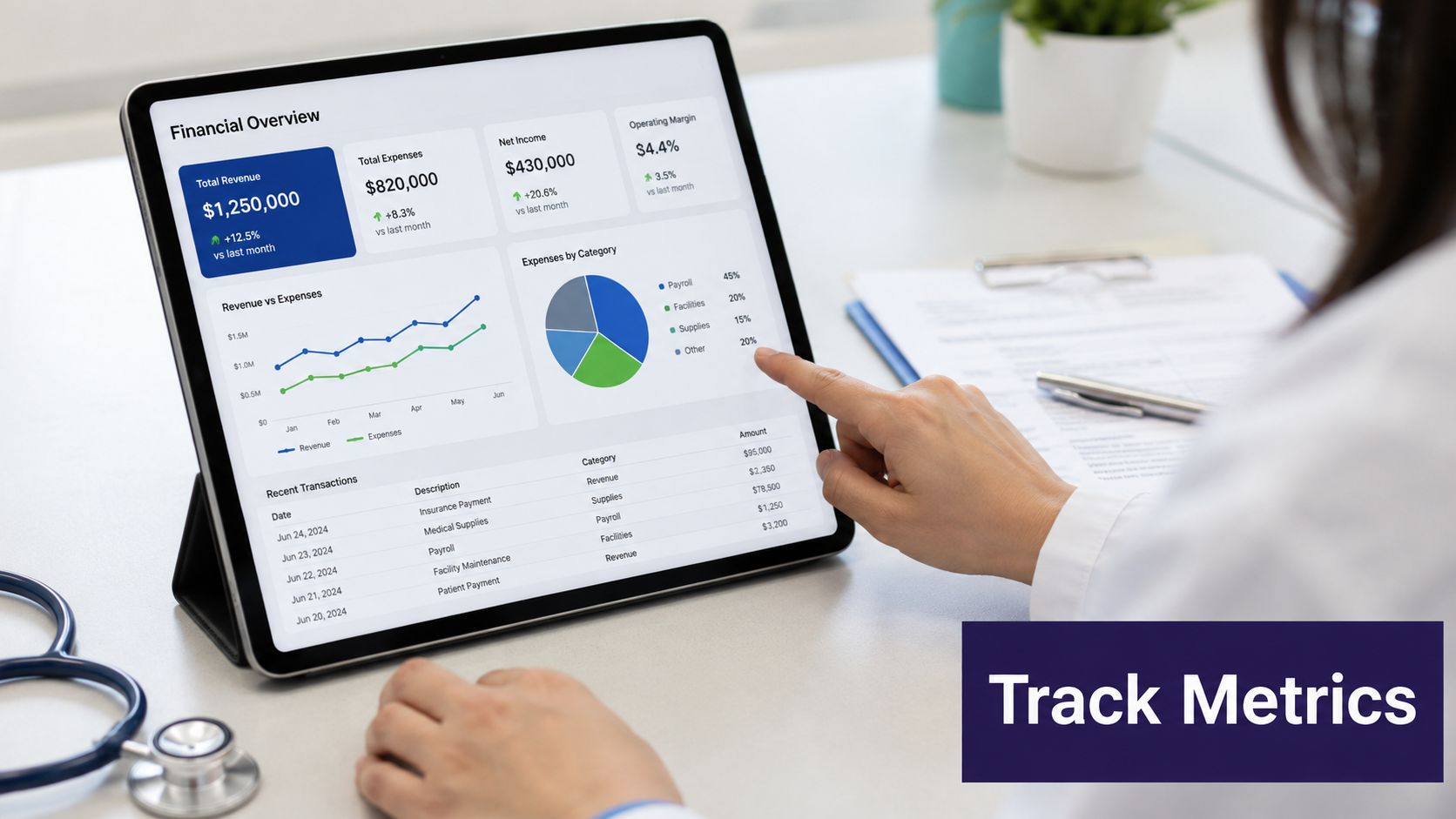 A healthcare professional analyzing financial dashboard metrics on a tablet screen in a medical office setting.