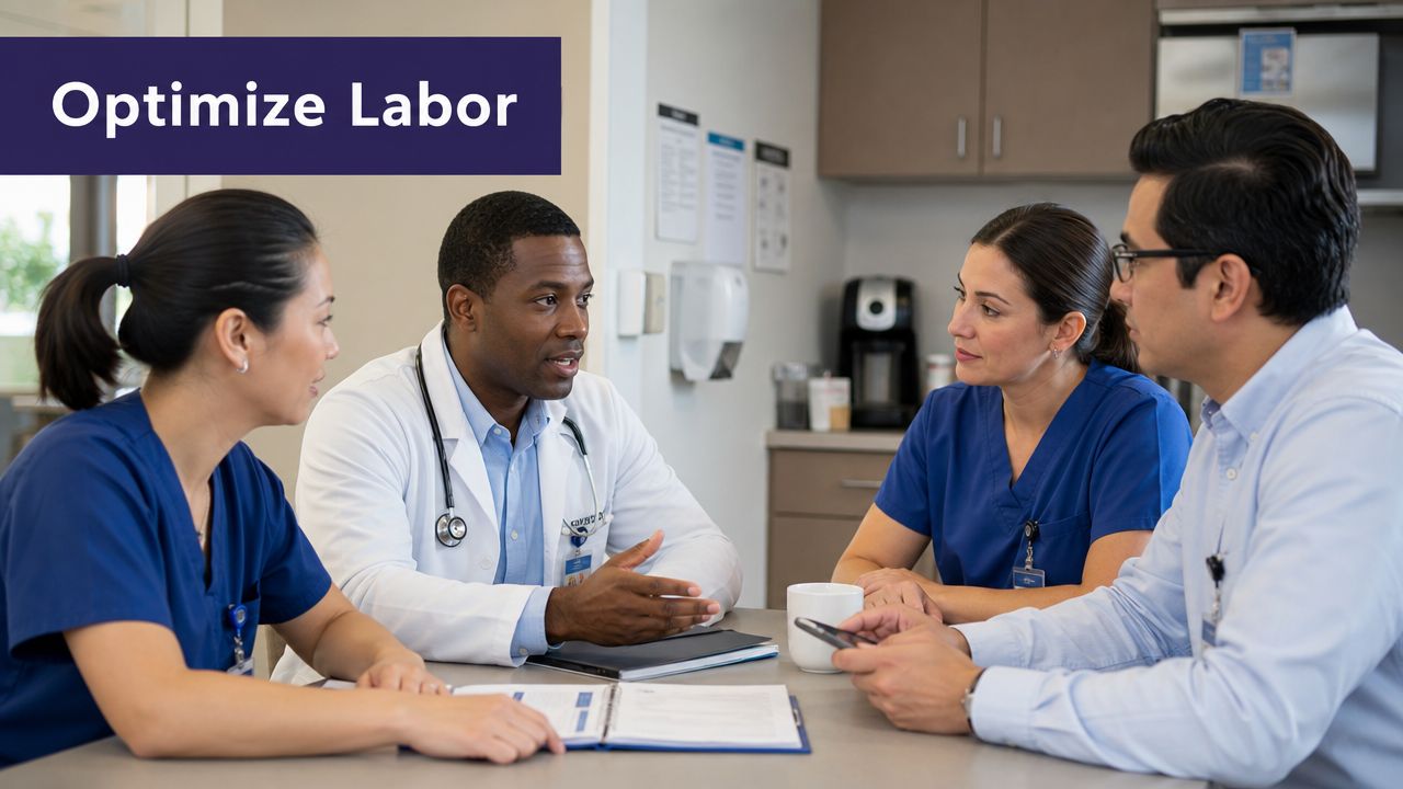 A diverse team of medical professionals sitting around a table in a breakroom discussing hospital operations.